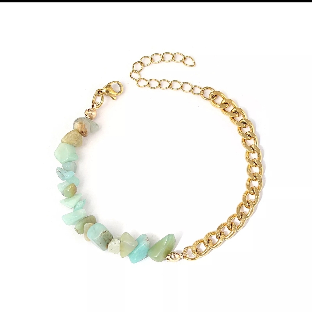 Natural Amazonite Chip Gold Tone Stainless Stone Adjustable Bracelet